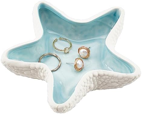 NBEADS Starfish Shape Ceramic Jewelry Tray, Aqua Shell Trinket Dish Ceramic Ring Earring Holder Ocean-themed Decorative Trinket Plate for Rings Earrings Necklaces Bracelet Jewelry Watch Keys by NBEADS