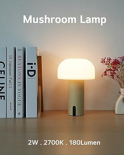 WEILAILUX Cordless Mushroom Table Lamp, Waterproof Shower Lamp, Battery Operated Table Lamp Rechargeable, Touch Dimmable Night Light for Bedroom/Patio/Camping/Dinning/Outdoor (Khaki) - Image 2