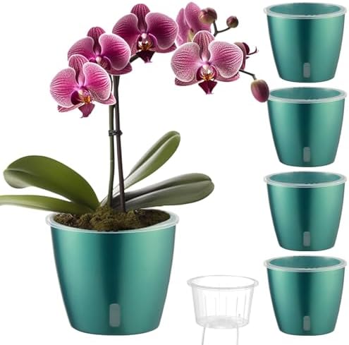 Self Watering Pots for Indoor Plants, 4-Pack 6.7'' Self Watering Planter with Drainage Holes, Small African Violet Pots with Water Indicator, Clear Wick Orchid Pot, Blue Gold by KvyusFlourish