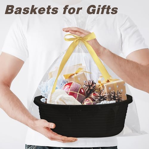 Pro Goleem Small Woven Basket with Gift Bags and Ribbons Durable Baskets for Gifts Empty Small Rope Basket for Storage 12"X 8" X 5" Baby Toy Basket with Handles, Black - Image 2