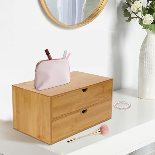 Small Desk Drawer Organizer, Bamboo Mini Desktop Drawer, Wood Tabletop Storage Organizer Box for Office Home Dormitory Toiletries Cosmetics Supplies, No Assembly Required (2 Drawers) - Image 5
