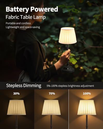 KDG Black Cordless Portable LED Table Lamp, White Fabric Shade Desk Lamp - Image 4