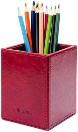 UnionBasic Square Pen Holder, Leather Pencil Cup, Desktop Caddy Stationery Organizer (Burgundy) by UnionBasic