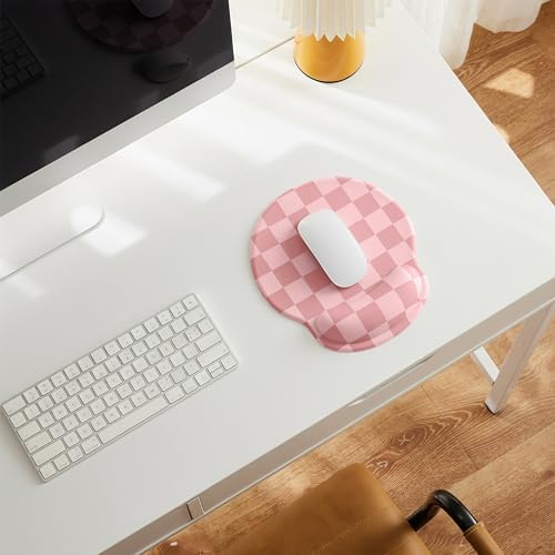 Ohocut Coral Pink Checkered Mouse Pad with Gel Wrist Rest, Wrist Support, Ergonomic Desk Accessories for Women, Office Laptop Gaming Decor, Cute Aesthetic Check Design - Image 2