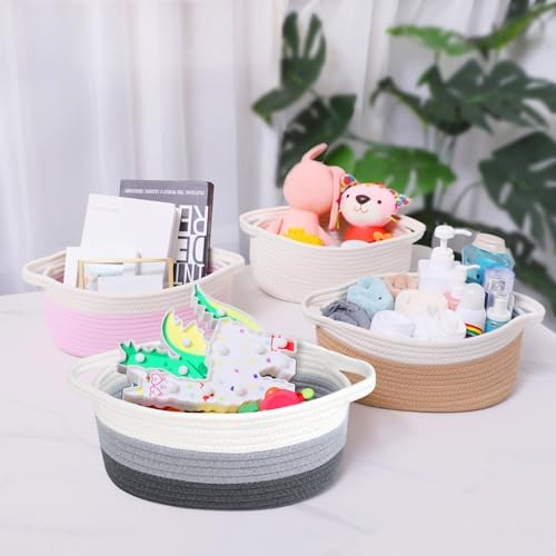 ABenkle Small Basket with Handles, Boho Decorative Rope Woven Dog Cat Toy Storage Bin Shelf Storage Organizer, Easter Christmas Gift Basket, 12"x8"x5" - Image 3