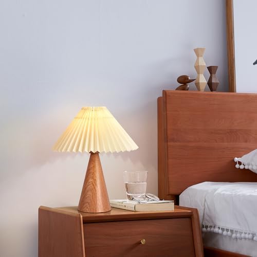 Ziqqeelam Wood Grain Small Table Lamp, Cute Table Lamp, Pleated Table Lamp, Wooden Bedroom Lamps for Nightstand, Small Scalloped Lamp Shade Table Lamps for Small Spaces for Bedroom,Living Room - Image 5