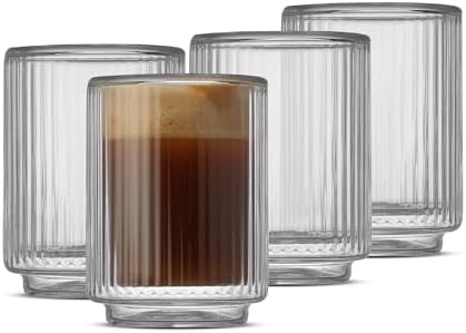 JoyJolt Haven Fluted Stackable Espresso Cups Set of 4, 2.5oz Ribbed Double Wall Glasses, Stacking Insulated Coffee Cup Set, Small Glass Coffee Cups for Espresso Machine Accessories by JoyJolt
