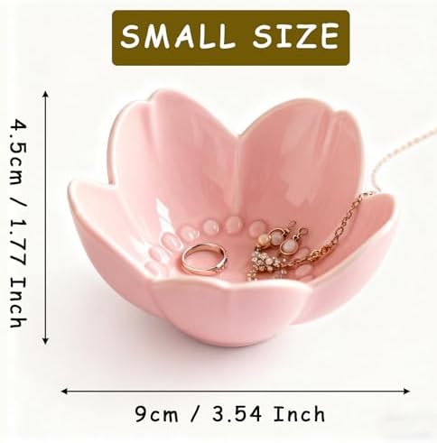 Pink Flower Ring Dish Jewelry Tray, Ceramic Jewelry Dish, Cute Small Trinket Tray, Nightstand Bathroom Decor Ring Holder, Jewlery Plate Bowl for Christmas Friendship Birthday Gifts for Women - Image 2
