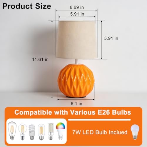 Orange Ceramic Table Lamp with Linen Shade, Small Bedside Lamp for Bedroom - Image 3