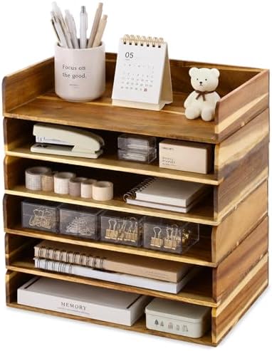 Novabright 6 Pcs Stackable Paper Organizer Tray Acacia Wood Desk Organizer Letter Tray Desktop Letter Size Office Wooden Desk Shelf Paper Holder Folder Organization Rack for File Document (Acacia) by Unknown