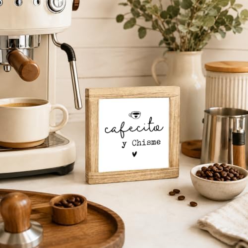 Cafecito Y Chisme Wood Sign, Funny Coffee Kitchen Decor, Hispanic Coffee Bar Plaque, Rustic Farmhouse Shelf Accent For Countertop Cafe Corner, Coffees Lover Gift, 5.9 x 5.9 in - Image 4