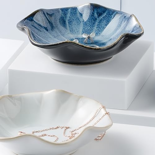 2Pcs Jewelry Dish - Kiln-Changed Ceramic Lotus Leaf Shape Ring Dish, Small Trinket Trays for Jewelry, Rings, Keys, Decorative Dish for Home, Perfect Gifts for Mom, Friends, Sisters, White & Deep Blue - Image 2