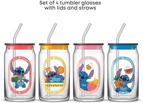 JoyJolt Disney Stitch Island Vibes Glass Tumblers with Lids and Straws, 16oz Glass Cups with Lids and Straws, Can Shaped Drinking Glasses Set of 4, Stitch Stuff, Disney Gifts for Adults - Image 4