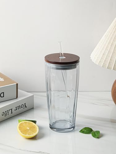 NIRA.Z Glass Tumbler with Lid and Straw 20oz, Aesthetic Ribbed Drinking Glass Cup, Gray Iced Coffee Cup with Wooden Lid, Reusable Straw Glass - Image 2
