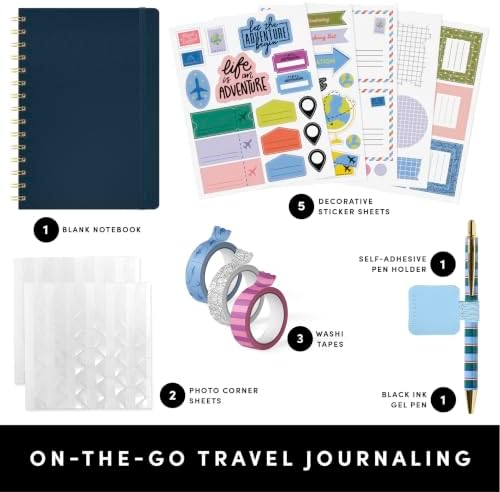 PAPERAGE Travel Journal Kit, Travel Notebook & Scrapbook Set, Hardcover Blank Spiral Notebook, 5 Sticker Sheets, 2 Photo Corners, 3 Washi Tapes & Black-Ink Gel Pen with Pen Holder - Navy - Image 2