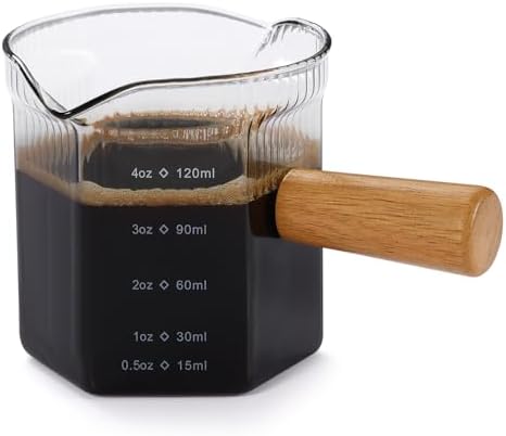 Espresso Cups 4 OZ, Double V-Shaped Spouts Cups, Espresso Shot Glasses with Wood Handle, Ribbed Milk Measuring Cup by iziusy