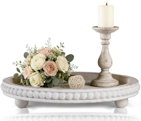 Decorative Coffee Table Tray, 12 Inch White Washed Wooden Beaded Tray with Removable Legs, Rustic Farmhouse Centerpiece Tray for Living Room, Kitchen Counter Decor by Unknown