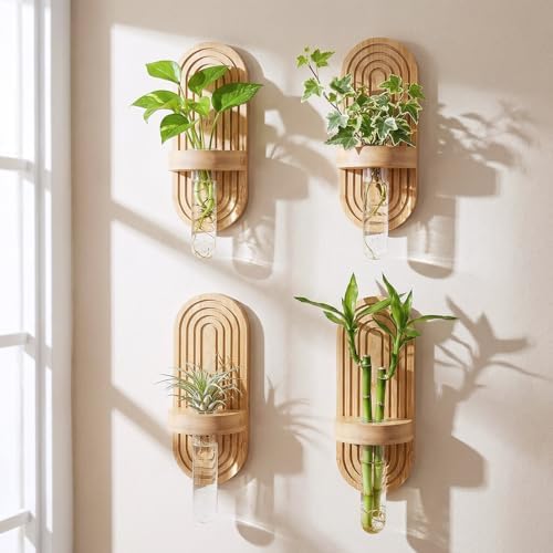 Beeveer 4 Sets Hanging Plant Propagation Stations Bamboo Wood Wall Mounted Test Tube Vase Rustic Decorative Glass Planter Holder Gift for Women Plant Lover Hydroponic Flowers Home and Office Decor - Image 4