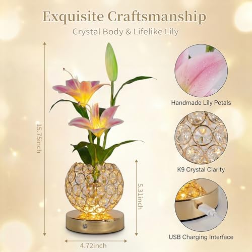 Stargazer Lily Flowers Crystal Table Lamp, Rechargeable Touch Night Lamp - Image 5