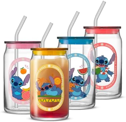 JoyJolt Disney Stitch Island Vibes Glass Tumblers with Lids and Straws, 16oz Glass Cups with Lids and Straws, Can Shaped Drinking Glasses Set of 4, Stitch Stuff, Disney Gifts for Adults by JoyJolt