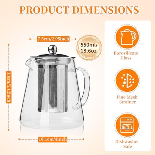 Glass Teapot with Stainless Steel Infuser, Borosilicate Tea Kettle, Clear Tea Maker for Loose Leaf Tea (550ML) - Image 3
