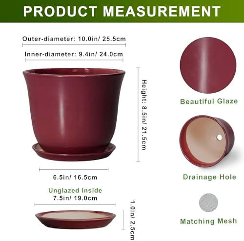 Ceramic Plant Pots - 10 Inch Plant Pot with Drainage Hole and Saucer, Round Planter for Indoor Outdoor, Modern Decorative Large Flower Pots, Home Room Garden Decor, Plants Lovers Gifts, Red - Image 2