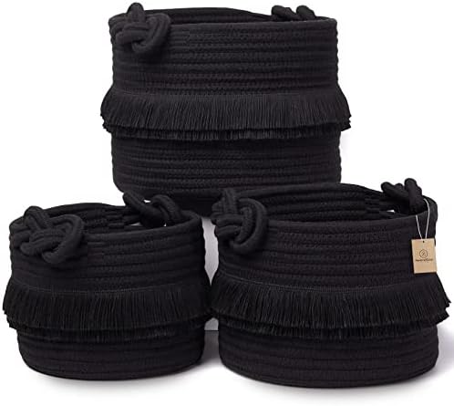 NaturalCozy 3-Piece Decorative Storage Basket Set – Black Cotton Rope Small Woven Baskets for Organizing for Nursery Baby Stuff, Gift, Vanity, Montessori, Dog Cat Toy Bin, Planter, Bathroom Shelves by NaturalCozy