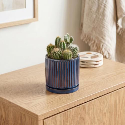4 Inch Pots for Plants, Ceramic Plant Pots with Saucer, Retro Blue - Image 5