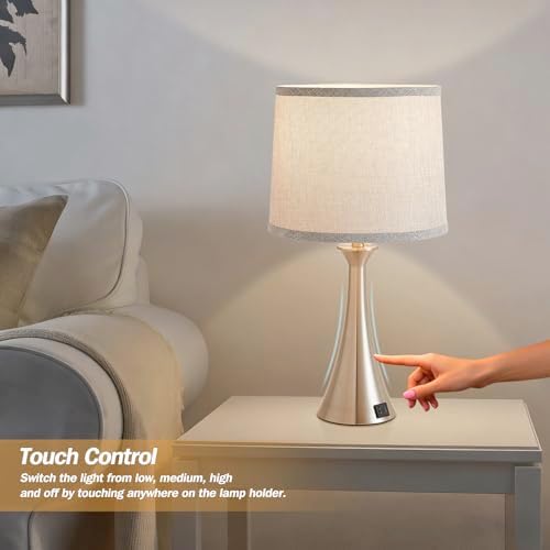 Touch Table Lamps Set of 2, 21" Bedside Lamps with USB C+A, Silver - Image 3