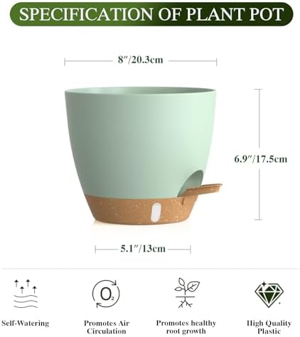 Self Watering Pots with Drainage Holes, 2 Pack 8 Inch Plant Pots with Water Level Indicator Deep Reservoir, Large Plastic Planter for Indoor Outdoor Plants - Green Brown - Image 2