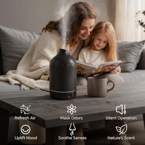 Essential Oil Diffuser, Ceramic Oil Diffuser, 120ML Scent Diffuser for Home, Ultrasonic Aromatherapy Diffuser, Cool Mist Humidifier with 7 Led Light, Auto Shut-Off, Black - Image 5