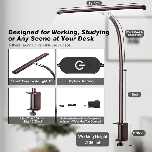 Airlonv LED Desk Lamp with Clamp, 17" Stepless Dimming Light, Brown - Image 3