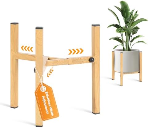 Plant Stand Indoor Adjustable, Metal Modern Indoor Plant Stand, Heavy Duty Plant Stands Outdoor Corner, Stable Plant Holder, Fits 8 to 12 Inches Pots, 1 Pack, Natural Wood-Grain by GardenLighting