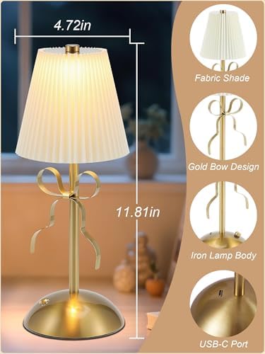 Cordless Table Lamp, Small Gold Bow Night Light, LED Rechargeable - Image 5