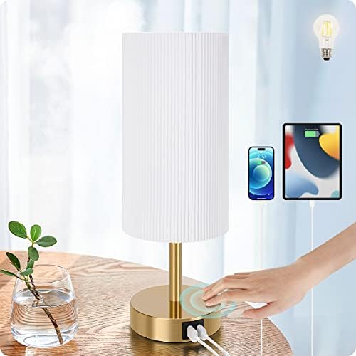 Bedside Lamp with USB port - Touch Control Table Lamp for Bedroom Wood 3 Way Dimmable Nightstand Lamp with Round Pleated Shade for Living Room, Dorm, Home Office (LED Bulb Included) (Pleated) by Yarra-Decor