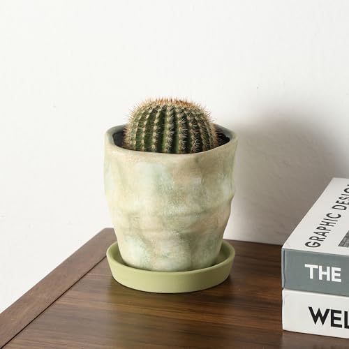 Modern Irregular Ceramic Planter Set of 4, 4 Inch Small Unique Reactive Glaze Flower Pots with Drainage Holes & Saucers - Indoor Outdoor Decorative Succulent Orchid Pots- Light Green - Image 5