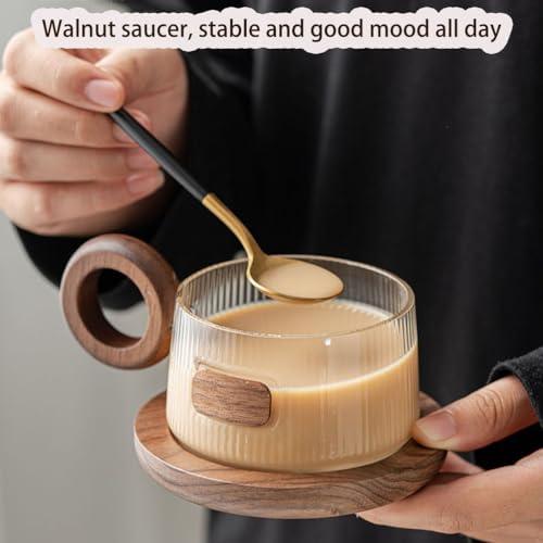 Dxcaicc Glass Coffee Cup with Wooden Handle And Black Walnut Saucer, Clear Tea Cup for Cold & Hot Beverages, Modern Glass Mug Set,B - Image 6
