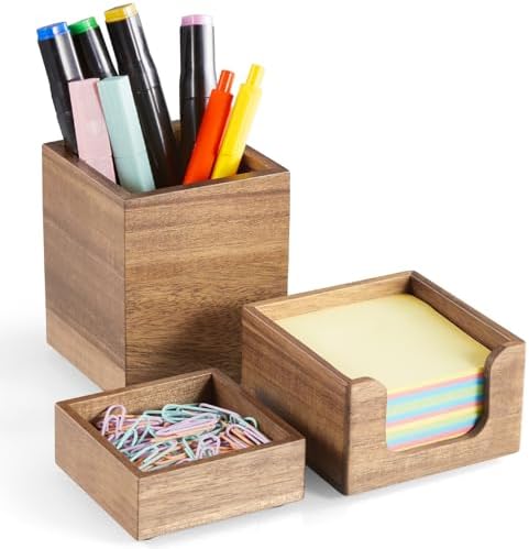 Desk Organizer Set of 3 - Acacia Wood Office Desk Accessories - Desk Organizers and Accessories for Women Men - Set incl. Pencil Pen Holder, Paperclip Storage and Sticky Note Holder by Unknown