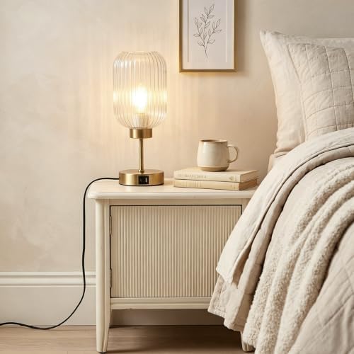 LAMSU Vintage Gold Touch Table Lamp, Small Desk Lamp with Clear Glass Shade, Bulb, Charging Port, Mid Century Modern Bedside Lamp, 3 Way Dimmable Nightstand Lamp for Bedroom Living Room Home Decor - Image 7