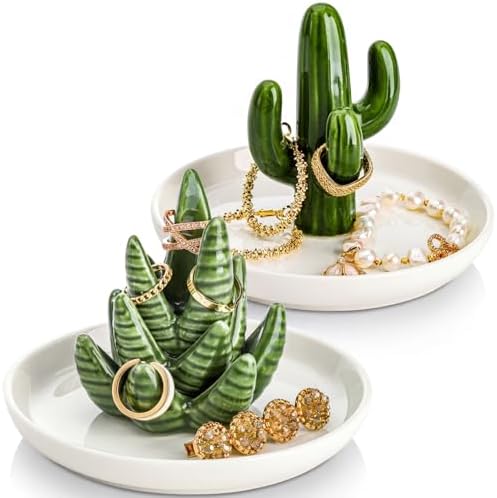 Elsjoy Set of 2 Ceramic Ring Holder Dish, Decorative Round Jewelry Display Trays, Aloe & Cactus Small Trinket Plate for Home, Gift, Mother's Day by Elsjoy