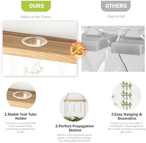 XXXFLOWER Wall Hanging Propagation Station with Wooden Stand Glass Test Tubes Tiered Planters Wall Terrarium for Home Office Plant Hanger Flower Vases Wall Decor Hydroponic Cuttings (9 Tube Vases) - Image 5