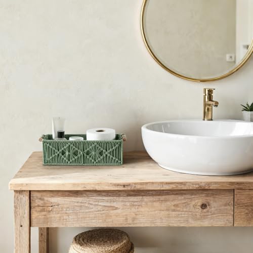 Mkono 2Pc Macrame Storage Basket, Boho Decor Toilet Paper Organizer, Green - Image 4