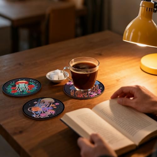 Zynlio Jellyfish Diamond Paintings Coasters Kits Set with Holder,Diamond Art, DIY Diamond Crafts Coasters for Adults, Diamond Art Painting Kits for Women, Beginners, Diamond Craft Supplies - Image 5