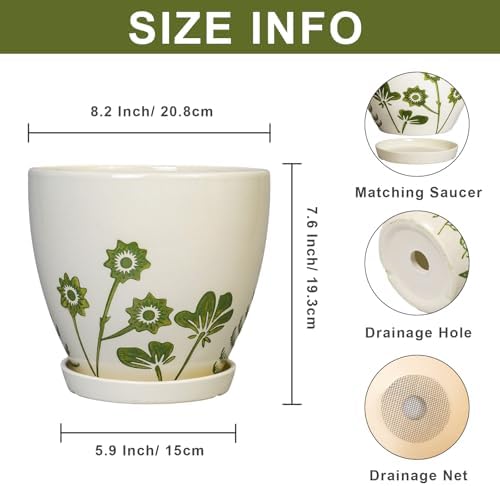 MPotTo 8.2 Inch Plant Pot - Ceramic Planter for Indoor Outdoor Flowers, Boho Round Decorative Indoor Flower Pot with Drainage Hole and Saucer, Gifts for Plant Lovers, Office Garden House Decor, White - Image 3