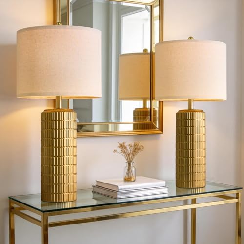 PoKat 27.5'' Tall Brass Gold Table Lamps Set of 2 for Living Room, Modern Table Lamps for Bedroom Night Stands, Retro Ceramic Bedside Lamps, Nightstand Lamps for Sideboard Side End Table, Gold - Image 6