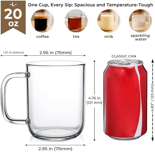 Aquach 20oz Glass Coffee Mugs Set of 2, Clear Borosilicate Cups with Handle - Image 4