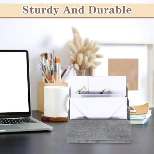 Briwooody Wooden Mail Organizer 3 Slots Mail Holder, Grey - Image 4