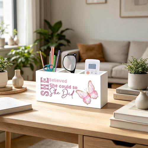 She Believed She Could So She Did Pen Pencil Holder Organizer for Desk, Inspirational Gifts for Women Friends, Graduation Gifts for Women Her, Pink Butterfly Wood Signs Desk Accessories - Image 5