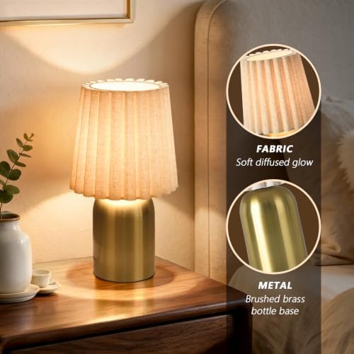 12.2 Inch Mini Table Lamp with Scalloped Wave Linen Shade, Modern Gold Metal Base Cute Nightstand Lamp, Decor Small Desk Light for Bedroom, Living Room, Bookshelf, Kitchen Counter, Kids Room, Office - Image 2