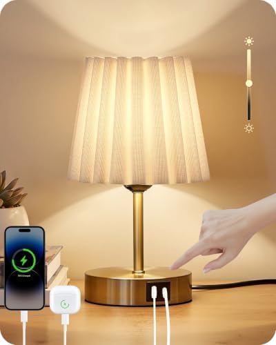 Small Bedside Table Lamp, Touch Dimmable Table Lamp with USB Ports, Nightstand Lamp with a Stepless Dimming LED Bulb, E26 Base, for Bedroom, Study, Desk, Gold and White DW16TL05 by GOEBLESON